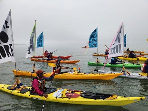 People on the water in kayaks with flags with messages such as pollute no more
