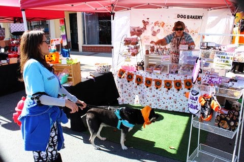 A dog, its owner and a vendor at a stand with a sign that reads "dog bakery"
