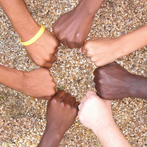 Seven arms with different skin tones and their fists joined in a circle