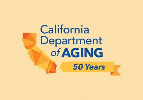 Text that reads California department of aging 50 years on an orange background with an illustration of the state of California.