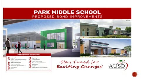 Park Middle School proposed bond improvements. Current photo of the school and renderings of how it could look. Improvements may include asphalt, field / landscaping / drainage improvements, new exterior paint, track renovation, classroom modernization, gymnasium, HVAC, lighting, locker rooms, media technology, new / upgraded windows, restrooms, roof, safety & security upgrades. Stay tuned for exciting changes. Antioch unified school district.