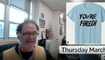 An older white man along with a picture of a T-shirt with the words "you're fired" on it