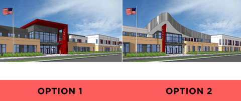 Renderings of potential new entrances to kennedy high school, one with a bright red awning and one with a more curved awning meant to resemble to shape of an eagle's wing in flight