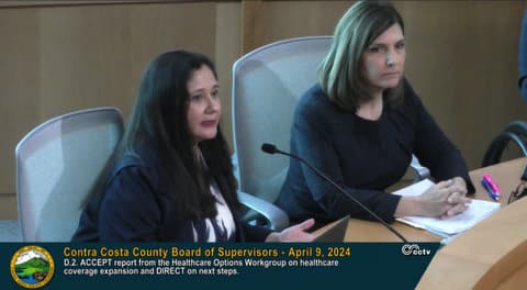 Two women and onscreen text that reads Contra costa county board of supervisors april 9 2024. D 2 accept report from the healthcare options work group on health care coverage expansion and direct on next steps