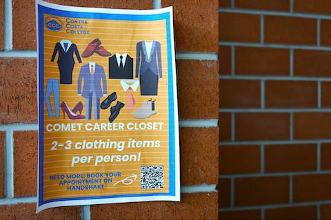 Sign that reads "contra costa college comet career closet 2-3 clothing items per person need more book your appointment on handshake" with QR code and illustrations of business attire