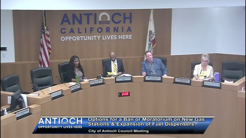 4 city council members in a meeting: a black woman, black man, white man and white woman. text reads antioch opportunity lives here options for a ban or moratorium on ne gas stations & expansion of fuel dispensers