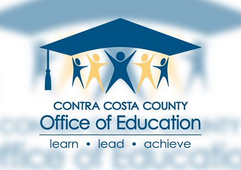 logo with illustration of people-like figures under a graduation cap and text that reads contra costa county office of education learn lead achieve