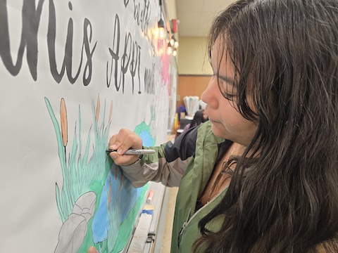 Side view of a Latina teen coloring an illustration of reeds with marker on a white board beneath fancy-looking writing