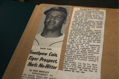 Newspaper clipping with photo of a black man in baseball uniform and headline southpaw cain, tigers prospect, hurls no-hitter