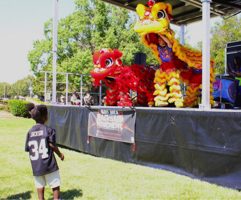 a small black child with their hair styled in two puffs on top of their head and wearing a 34 jackson raiders jersey stands on grass on a sunny day looking up at a stage with red and yellow chinese dragons. the dancer at the front of the yellow dragon is visible, holding its head up