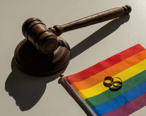 gavel, rainbow flag and two gold wedding bands