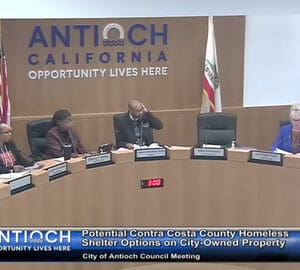 two black women, a black man and white woman in antioch city council meeting. text that reads antioch opportunity lives here. potential contra costa county homeless shelter options on city owned property. city of antioch council meeting
