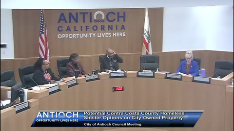 two black women, a black man and white woman in antioch city council meeting. text that reads antioch opportunity lives here. potential contra costa county homeless shelter options on city owned property. city of antioch council meeting