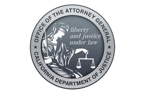 illustration of lady justice next to text that reads liberty and justice under law encircled with text that reads office of the attorney general california department of justice