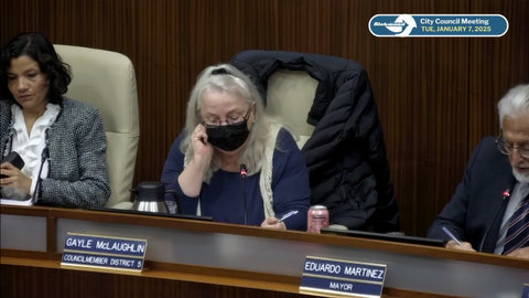 an older white woman with long white hair wearing a protective mask is sitting in a government meeting between a latina woman and latino man