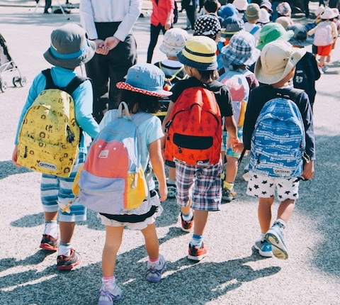 a group of small children wearing backpacks, seen walking from behind