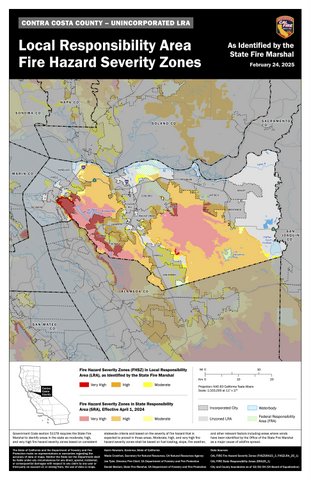 contra costa county unincorporated LRA. cal fire logo. local responsibility area fire hazard severity areas. as identified to the state fire marshal. february 24, 2025. contra costa county map.