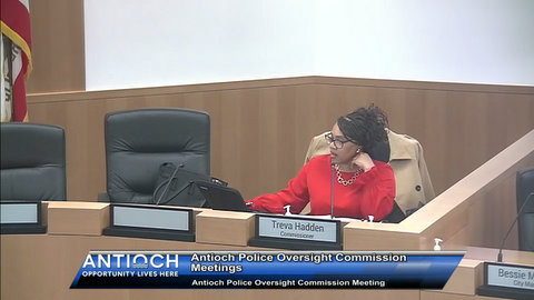 Black woman in government meeting. Nameplate that says Treva Hadden commissioner. On screen text: antioch opportunity lives here antioch police commission oversight meeting