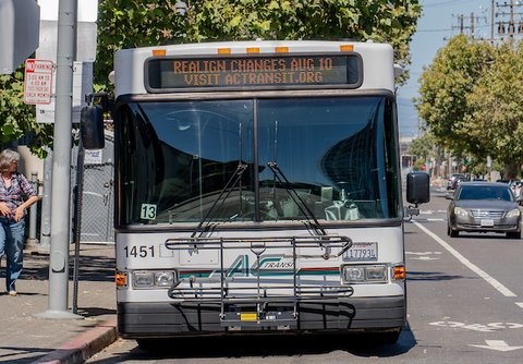 AC Transit bus with message on headway sign that reads realign changes aug 10 visit AC transit dot org