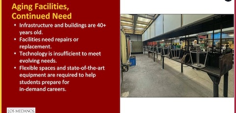 aging facilities, continued need. infrastructure and buildings are 40+ years old. facilities need repairs or replacement. technology is insufficient to meet evolving needs. flexible spaces and state of the art equipment are required to help students prepare for in demand careers. Los Medanos