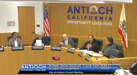 3 men and 2 women. text that reads budget study session, fiscal year 2026-27, budget development, city of antioch council meeting